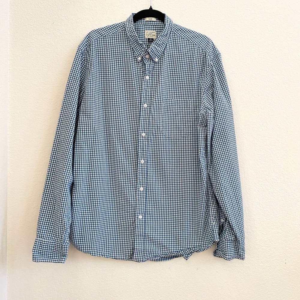 J Crew Slim Fit Stretch Gingham Button Down Shirt Mens XL Green White 98% Cotton